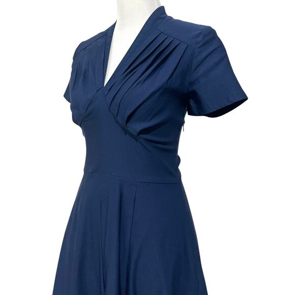 Miss Lulo Dress Navy Blue Midi Fit & Flare Pleated Short Sleeve Stretch Womens L - Picture 4 of 9